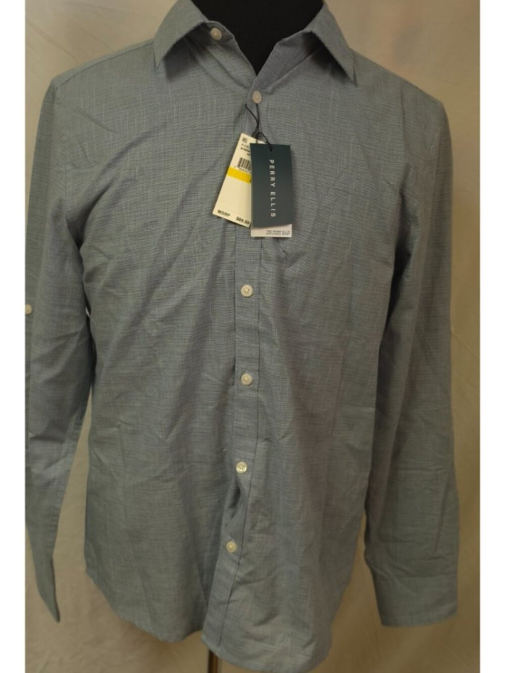 The Perry Ellis Untucked Shirt Mens Medium Blue Heather Roll Tab Sleeves NWT